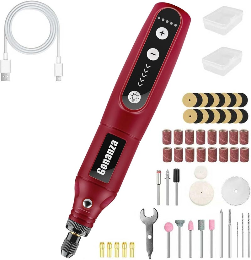 Gonanza Mini Cordless Rotary Tool Kit - 5-Speed, 3.7V Power Supply with LED Light 62 Accessories for Engraving, Sanding, Polishing, Type-C Rechargeable Perfect for DIY Crafts and Precision Work(Red) - Image 1